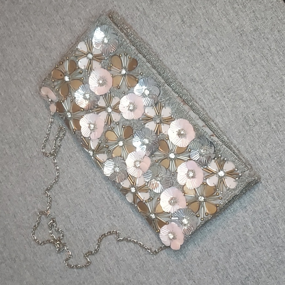 Lulu's Floral Embellished Clutch in Pink and Silver